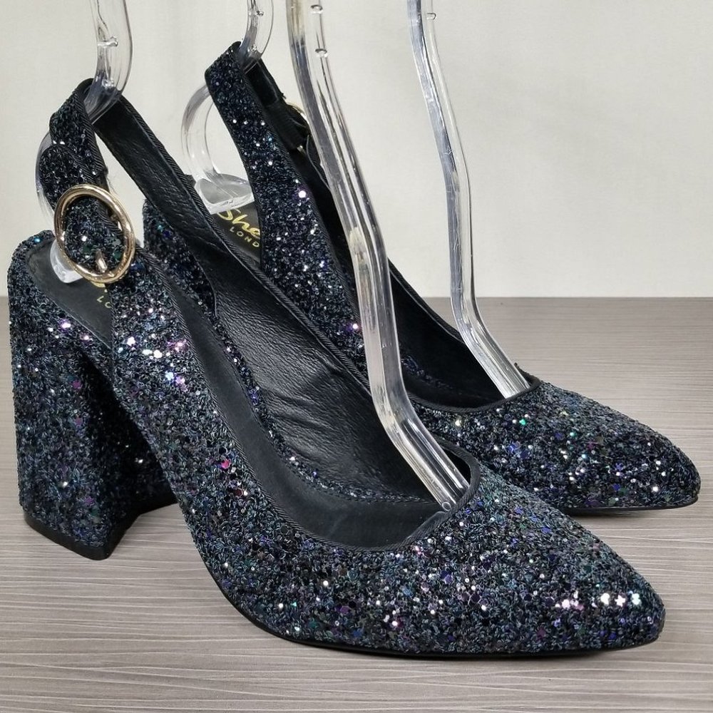 Shellys London Chester Slingback Glitter Pump, Black, Womens Size 7.5 / 38